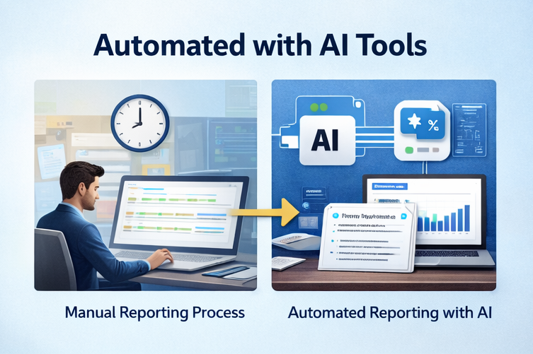 Manual work reporting compared to AI tools for report automation in a professional workspace